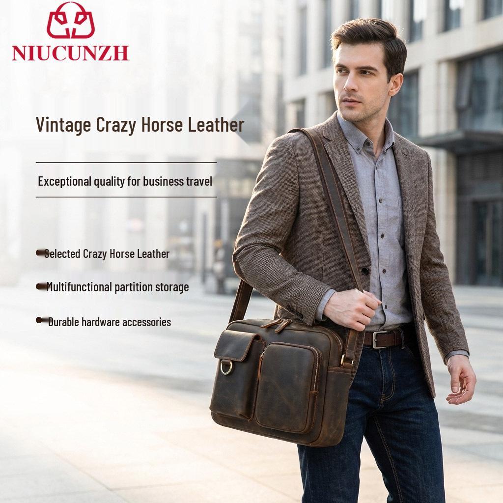 Men's Genuine Leather Crossbody Laptop Bag – Top Layer Cowhide Briefcase Handbag