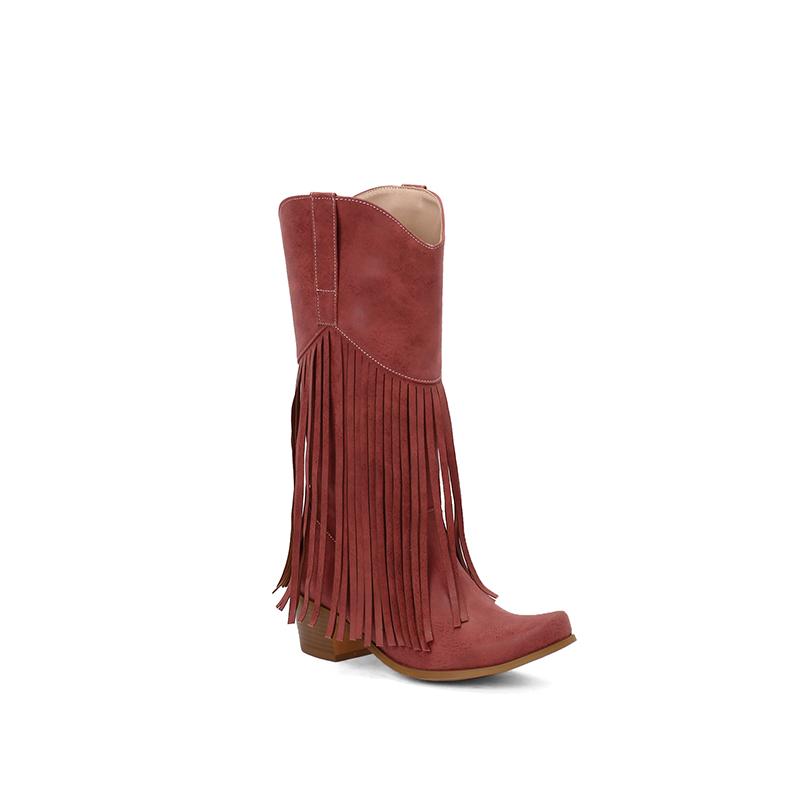 

Plus Size Flock Velvet Material Wood Grain Coarse Heel Fringe Fine Strip Slip On Women s Mid-Calf Boots Plush Lining Knight Boot 39 вина червоного кольору