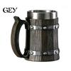 Rustic Wood Grain Beer Cup Barrel Mug, 600ml Stainless Steel Liner Stein, Insulated Mug Tankard for Pub Home Bar Party Gift
