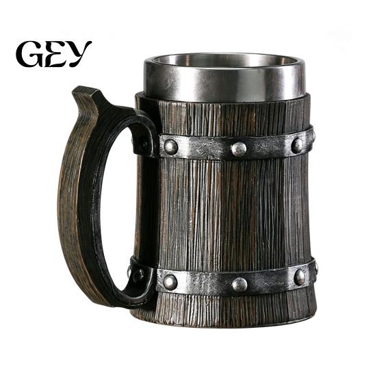 Rustic Wood Grain Beer Cup Barrel Mug, 600ml Stainless Steel Liner Stein, Insulated Mug Tankard for Pub Home Bar Party Gift