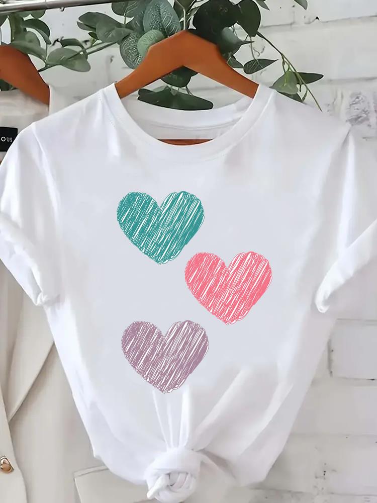 (Asian Size) trend flower love heart o-neck Lady Fashion Women Graphic Tee Short Sleeve T-shirts Casual Clothing Printed Female Top T Shirt