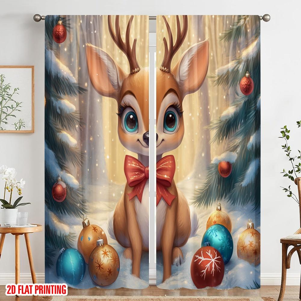 2Pcs,2D Plane Printing Curtain Popular Cute Deer Winter Ornament (3) Versatile Polyester Fabric (Without Rod) Holiday Use For