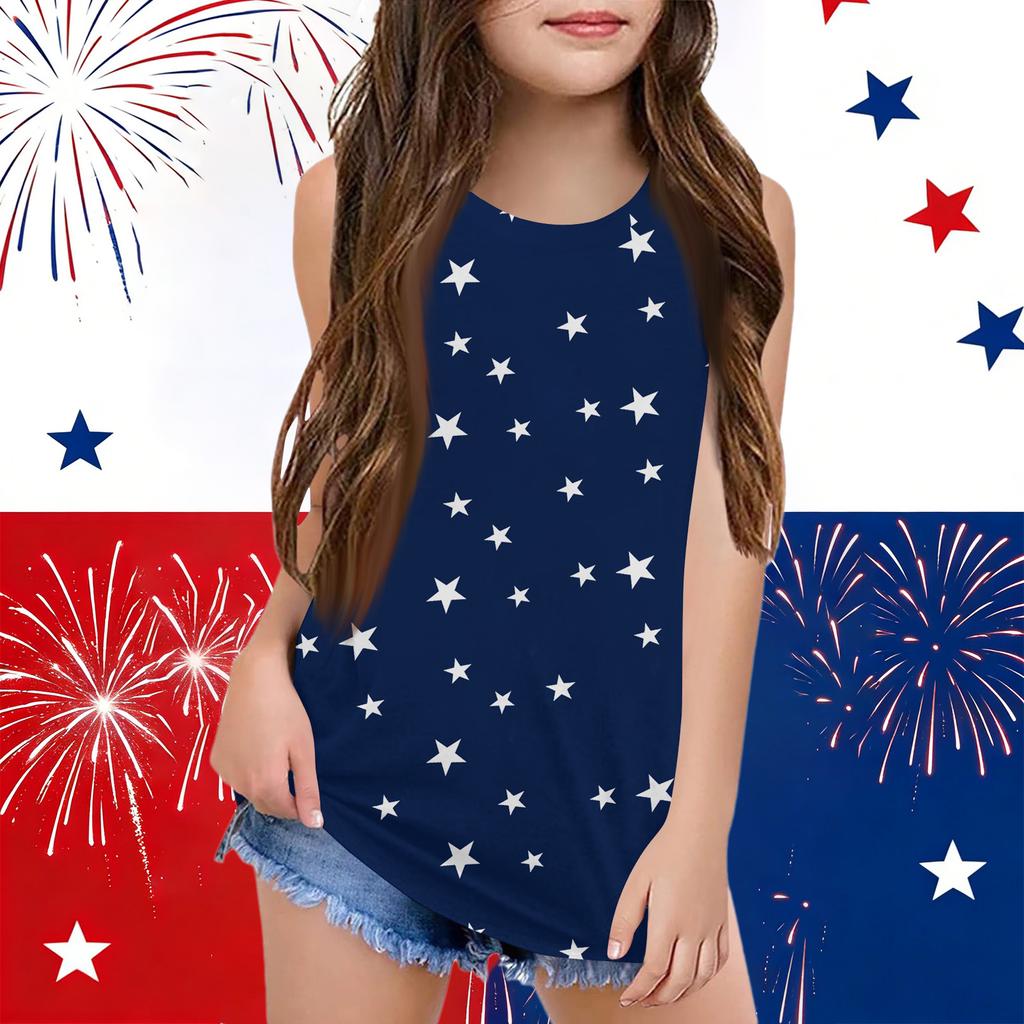 Girls  Kids Summer Crewneck Sleeveless Shirts Tank Tops Independence Day