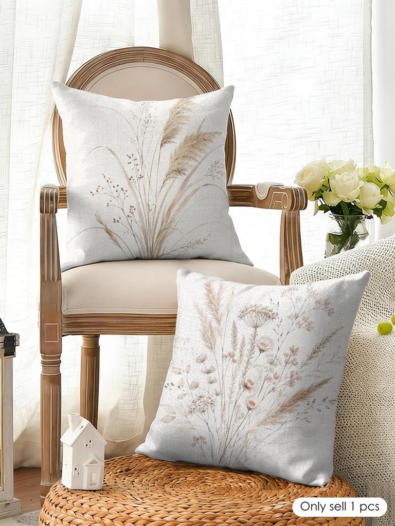 Boho Neutral Pressed Wildflower Cushion Cover Natural Linen Fabric Double-Sided Printing Breathable Perfect For Home Decor