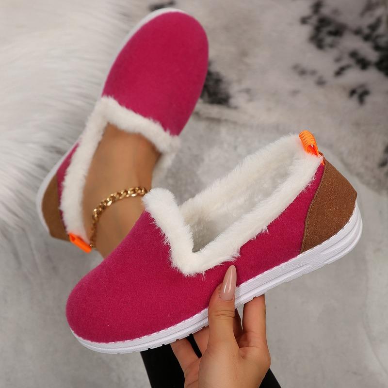 Cross-border Winter New Color Matching Flat-bottomed Velvet Snow Boots Women's Thickened Fluffy Warm Large-size Low-top Cotton Shoes