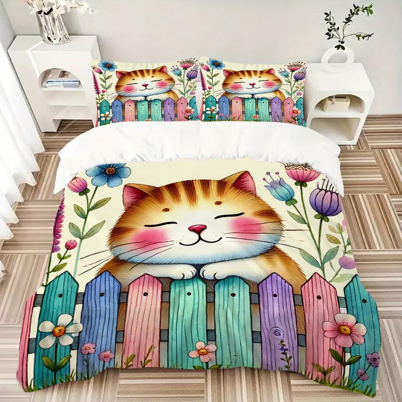 3pcs bedding set Cat Garden Includes 1 Comforter + 2 Pillowcases, Without Pillow Inserts, Soft Comfortable,Bedding Set,a0909003