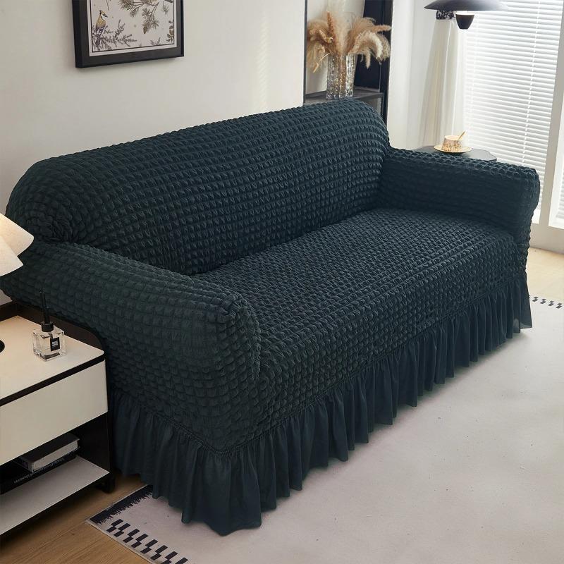 Solid Color Seersucker Sofa Cover with Skirt, Full Coverage, Non-Slip, Dustproof, Stretch Sofa Slipcover for Couch with Armrests