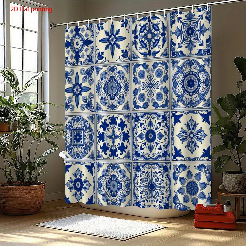 

2D Flat, 1Pc 2D Flat Printed High-Definition Bath Curtain, Blue White Ceramic Tile Pattern With Hooks, For Window And Wall Dec W60H190(CM)-1 Pcs