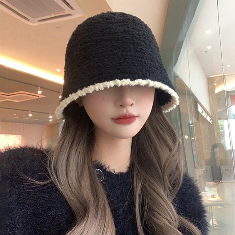 Black Plush Bucket Hat Women's New Autumn and Winter Small Fragrance Show Face Small Plain Knitted Bucket Confinement Hat