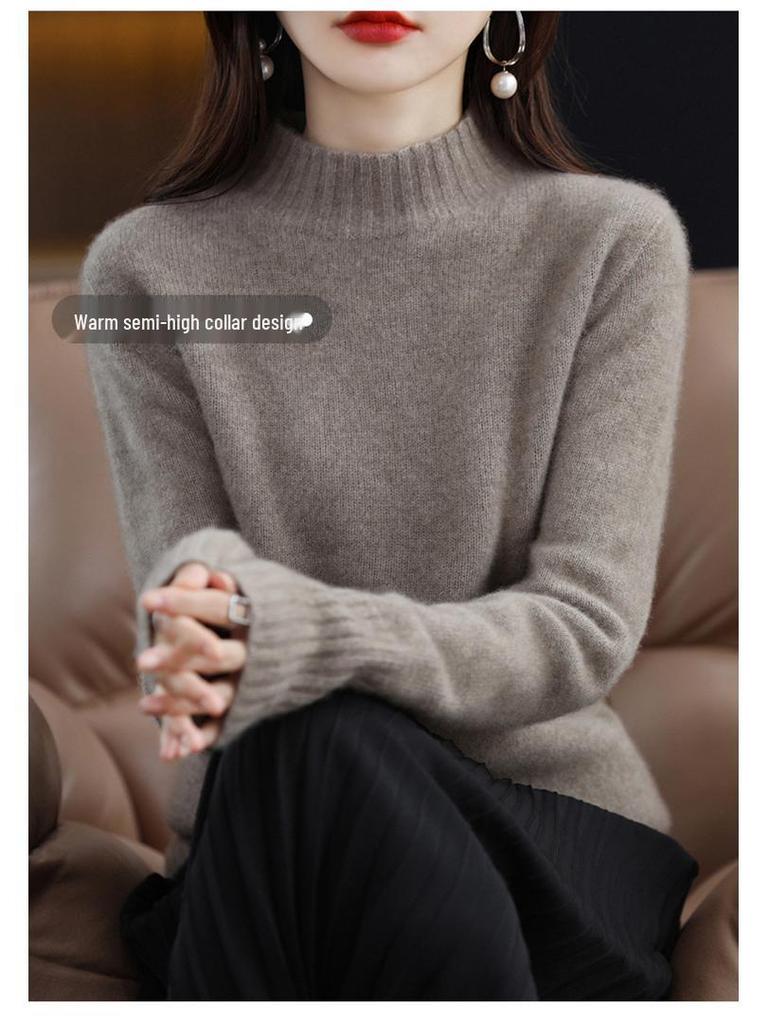 Women's Wool Sweater: Autumn/Winter Half-High Neck, Warm, Solid Color, Loose Fit, Commuter Style