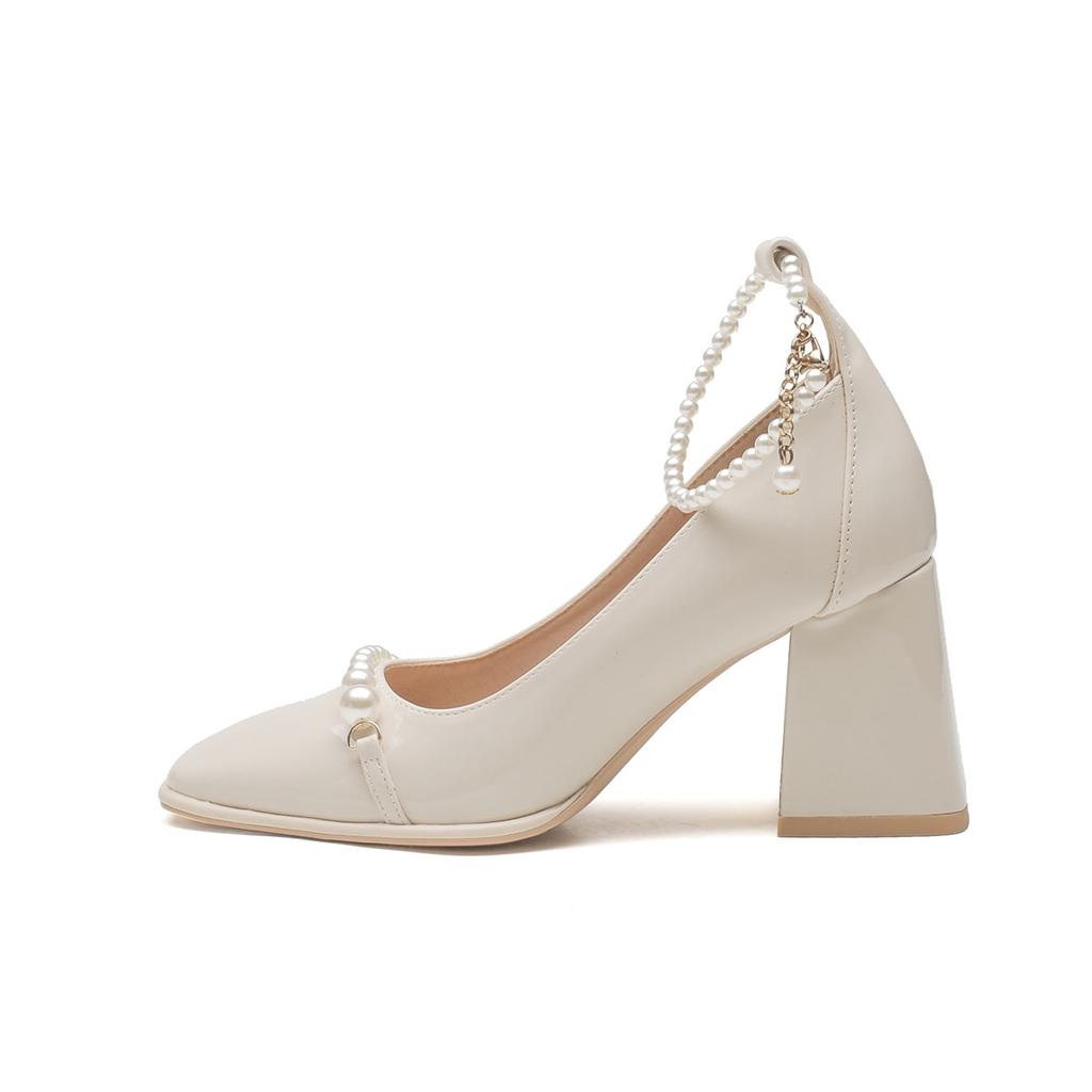 2025 Spring and Summer High Heels Bridesmaid Shoes Not Tired Feet Thick Heels Children Versatile Pearl Chain Square Head Single Shoes Women