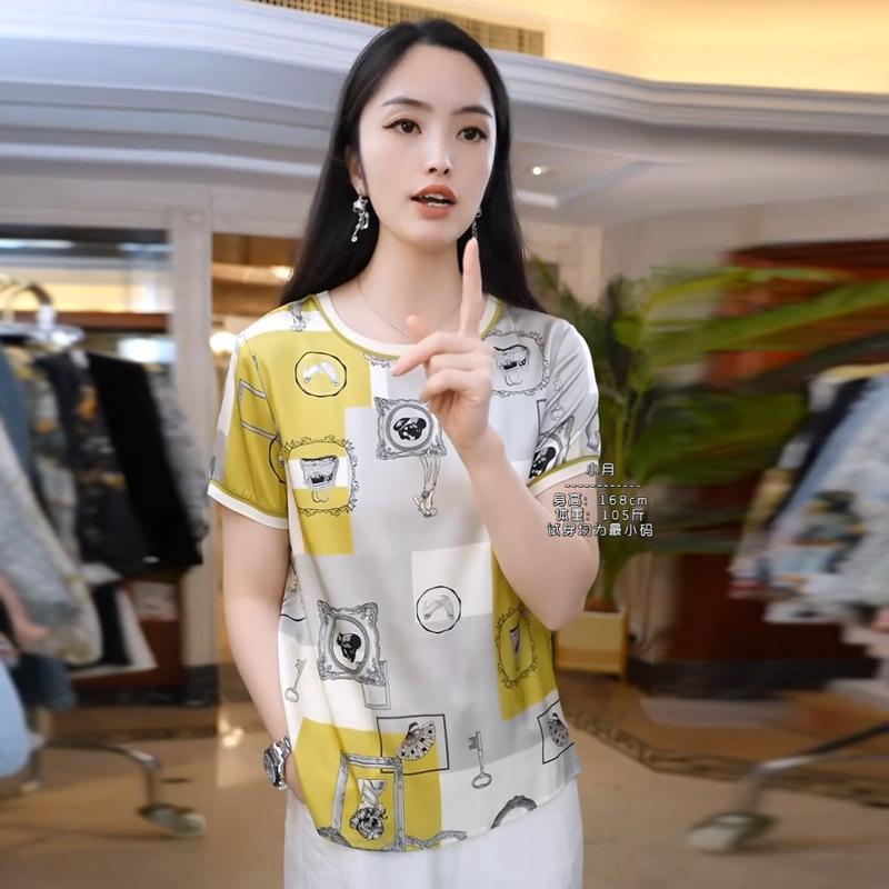 

Шелковая футболка Женский топ с принтом с коротким рукавом Футболка из тутового шелка с круглым вырезом новая шелковая футболка 3XL [Recommended 135~ 72.5 kg]