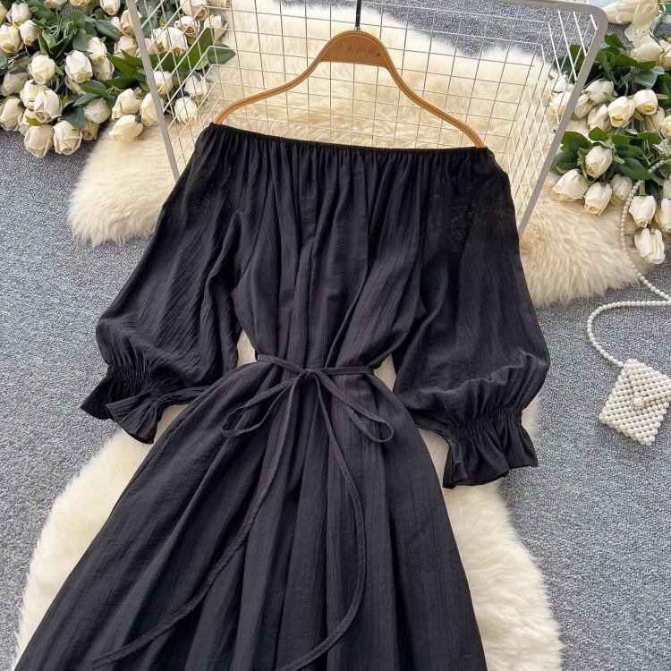 Dolce Abito da Donna Aderente A-line Scollo Bardot Maniche a Lanterna Vita con Fascia Raccoglitore Pizzo Giuntato Abito Lungo