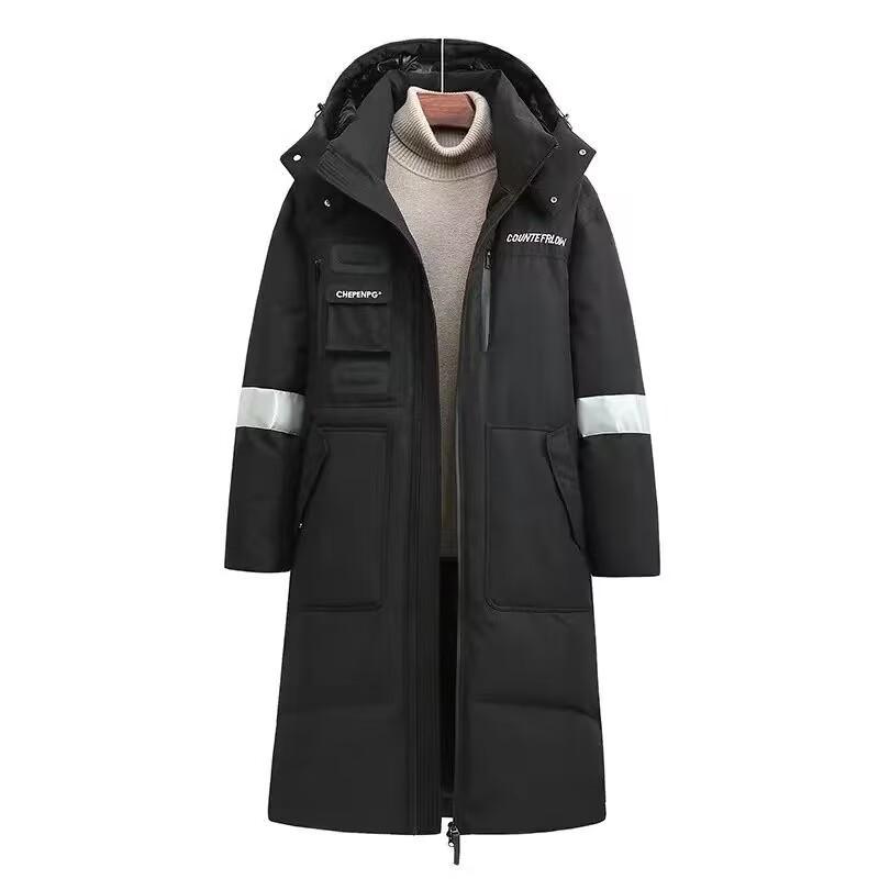 Men's and women's mid-length reflective stripes hooded cotton jacket thickened warm and cold-resistant comfortable feather silk down jacket