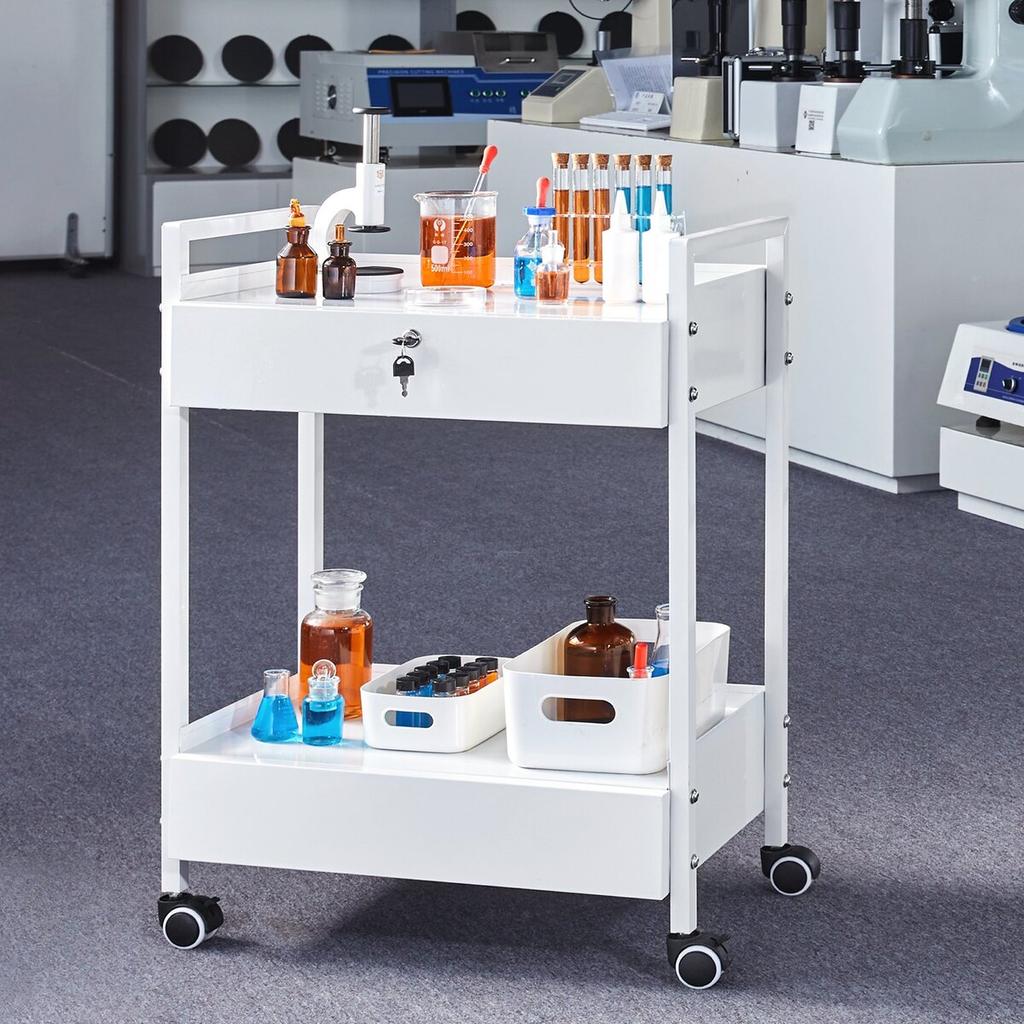 Lab Cart, 2 Tiers Stainless Steel Utility Cart, Medical Cart with 2 Drawers, Rolling Lab Cart White Paint, Serving Cart with Swivel Casters for
