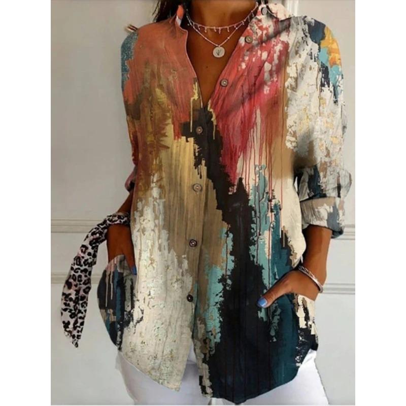 Geometric Print Long Sleeved Lapel Button Women's Shirt High Street Fashion Artistic Retro Style Spring Top