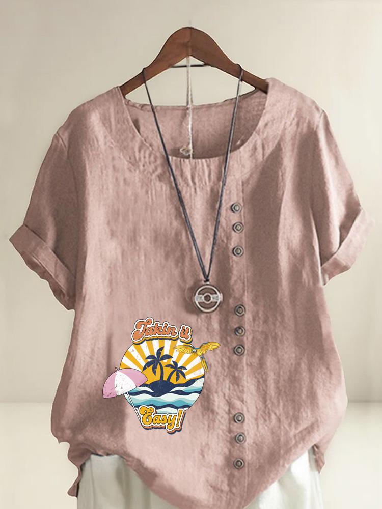 Women s Fashion Letter Print Casual Cotton Linen Short Sleeve Round Neck T-shirt Shirt Leisure Loose Summer Blouse Tops S розовый