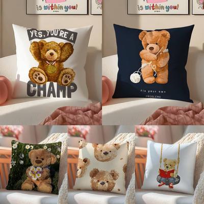 Childish-hearted And Friends Teddy Bear-B Pillow Case Comfort Sofa Bed Silky Elegant Invisible Zipper Decorative Cushion Cover