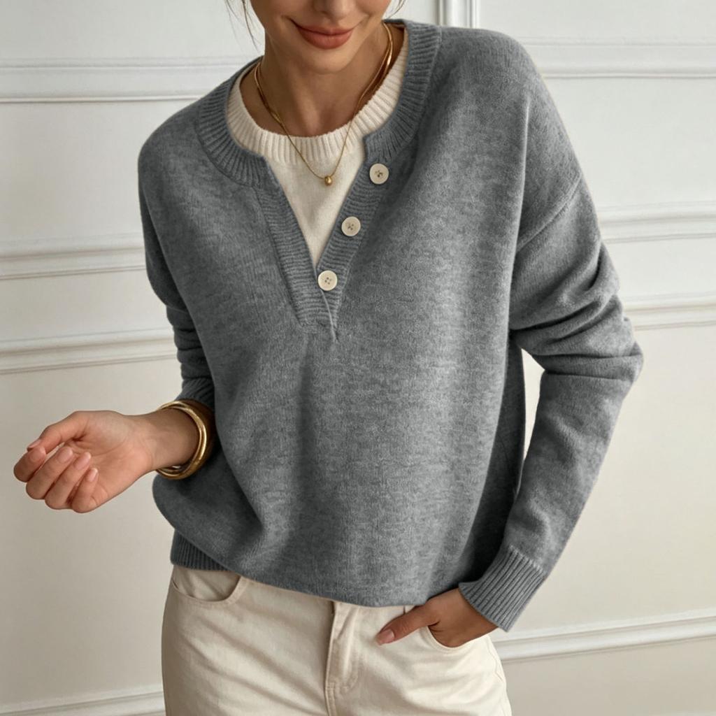 Women's V-Neck Knit Sweater with Button Placket