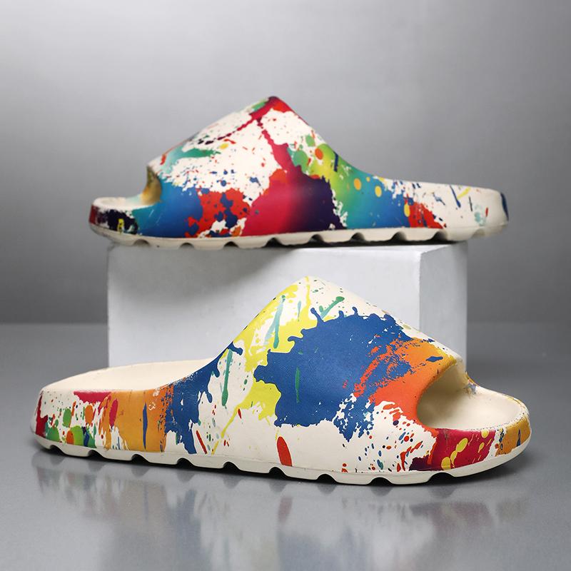 Mens Large Size Painted Thick-Soled Sandal Shoes, New Summertime Style, Anti-Skid Daily Flip-Flops, Beach Slide Shoes
