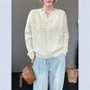 Retro Casual Pullover Sweater Women's Autumn and Winter New Lazy Loose and Thin V-neck Solid Color Knitted Sweater Top