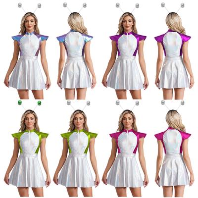 Outer Space Cutie Costume Women S-4XL - Halloween Alien Cosplay Glittering Dress with Cap Sleeve & Alien Hair Hoop