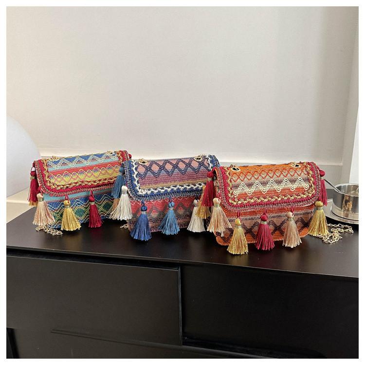Ethnic Style Fringed Small Square Bag With Chain Strap For Daily Casual Wear