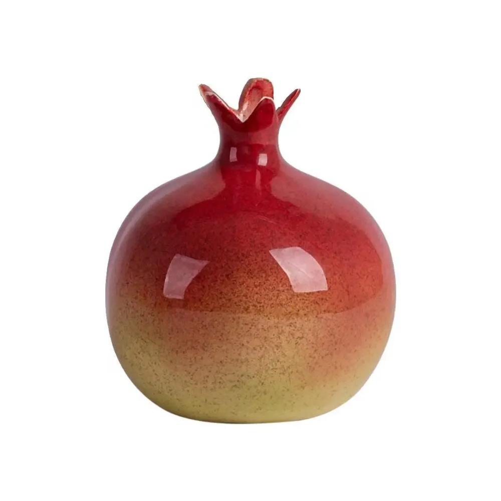 Handmade Ceramic Red Pomegranate Vase Flower Arranger Pomegranate Fruit Ornament Set Chinese Home Decor