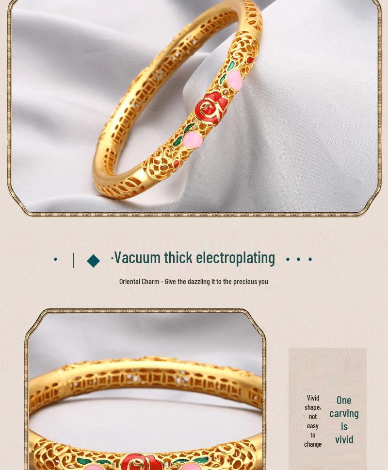 Vietnamese Sand Gold Enamel Lotus Bracelet – Brass, Gold-Plated, Hollow Design with Painted Lotus Leaf & Flower, Women's National Trend Style.
