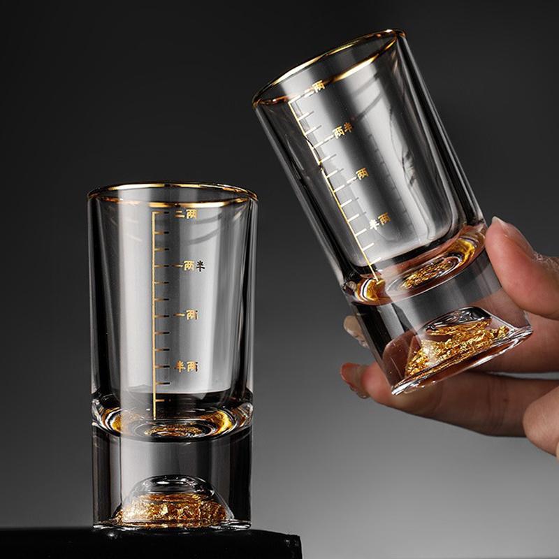 50ml/100ml Luxury Gold Edge Wine Glass Gold Foil Liquor Goblet Spirit Cup with Scale Whiskey Cocktail Drinking Glasses Drinkware
