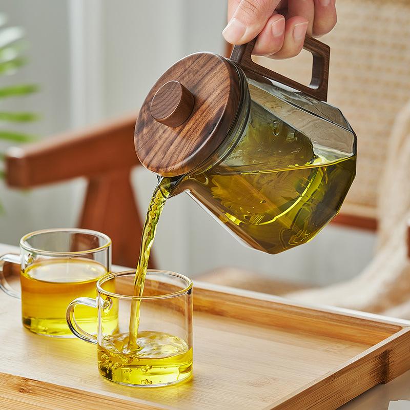 Thickened High Temperature Resistant Glass Kettle Black Walnut Solid Wood Cover Built-in Filter Household Tea Supplies 500-800ml