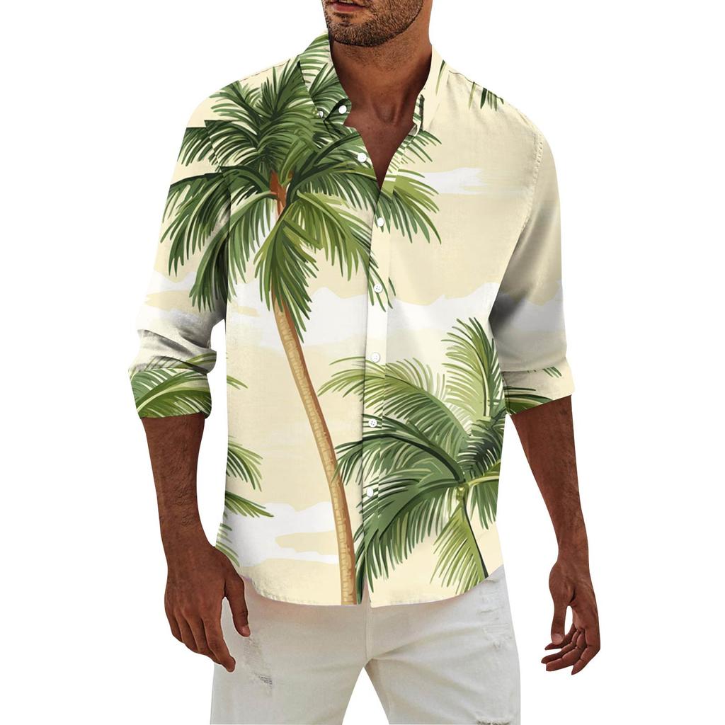 Men's Fashion Long Sleeve Printed Casual T Shirt Button Regular Fit Shirt Top