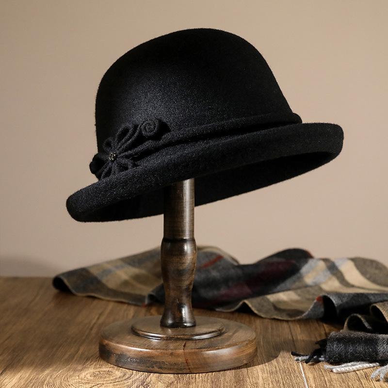 Hat Women's Autumn and Winter Versatile Middle and Old Hat Wool Elegant Flower Pot Hat Retro Curled Top Hat