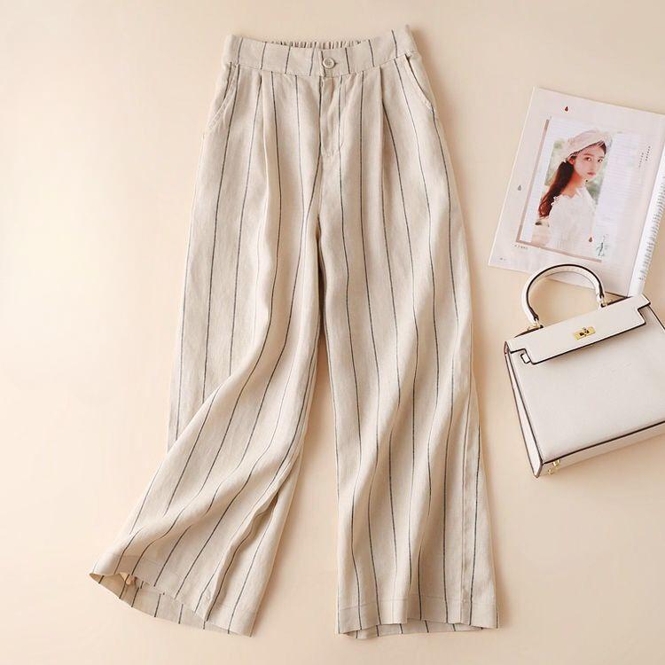 

Льняные брюки широкие для женщин весна и лето художественные ретро хлопковые и льняные повседневные брюки для женщин свободные оверсайз укороченные брюки XL хаки