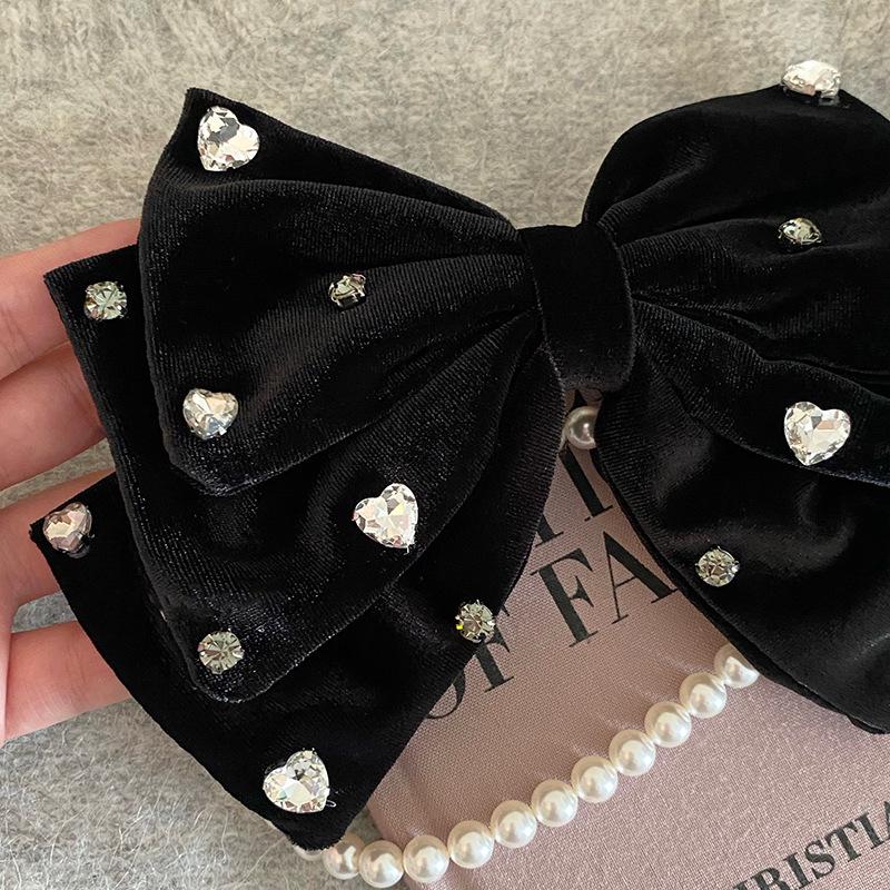 French Velvet Heart Rhinestone Bow Hair Clip - Retro Style for Fall/Winter Updos