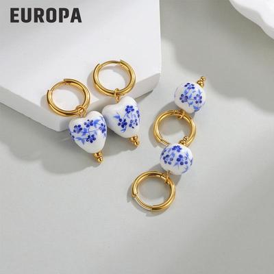Blau-weiße Porzellan-Herzohrringe - Edelstahl, High-End Keramik-Serie