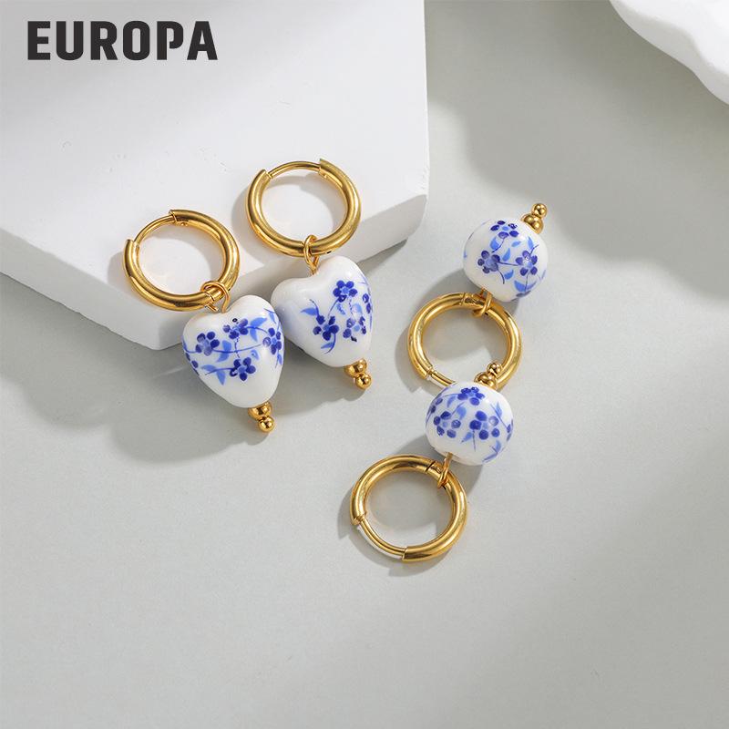Blue & White Porcelain Heart Earrings - Stainless Steel, High-End Ceramic Series