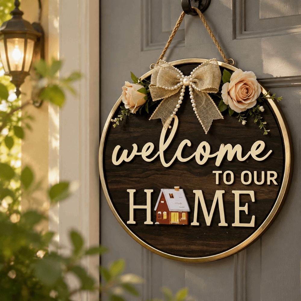Flower Welcome Sign 2D Flat Wall Art Ornaments Door Wreath Home Decor