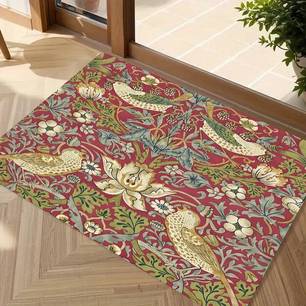W-William Morris Strawberry Thief Floor Mat Suitable For Living Room Kitchen Bathroom Non-slip Mat Household Foot Mat