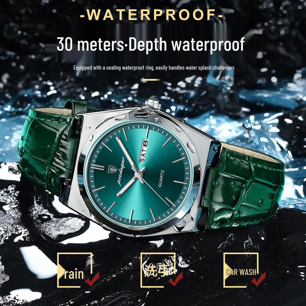 POEDAGAR Men's Ultra-Thin Dual Calendar Quartz Watch with Leather Strap - Trendy Fashion Wristwatch