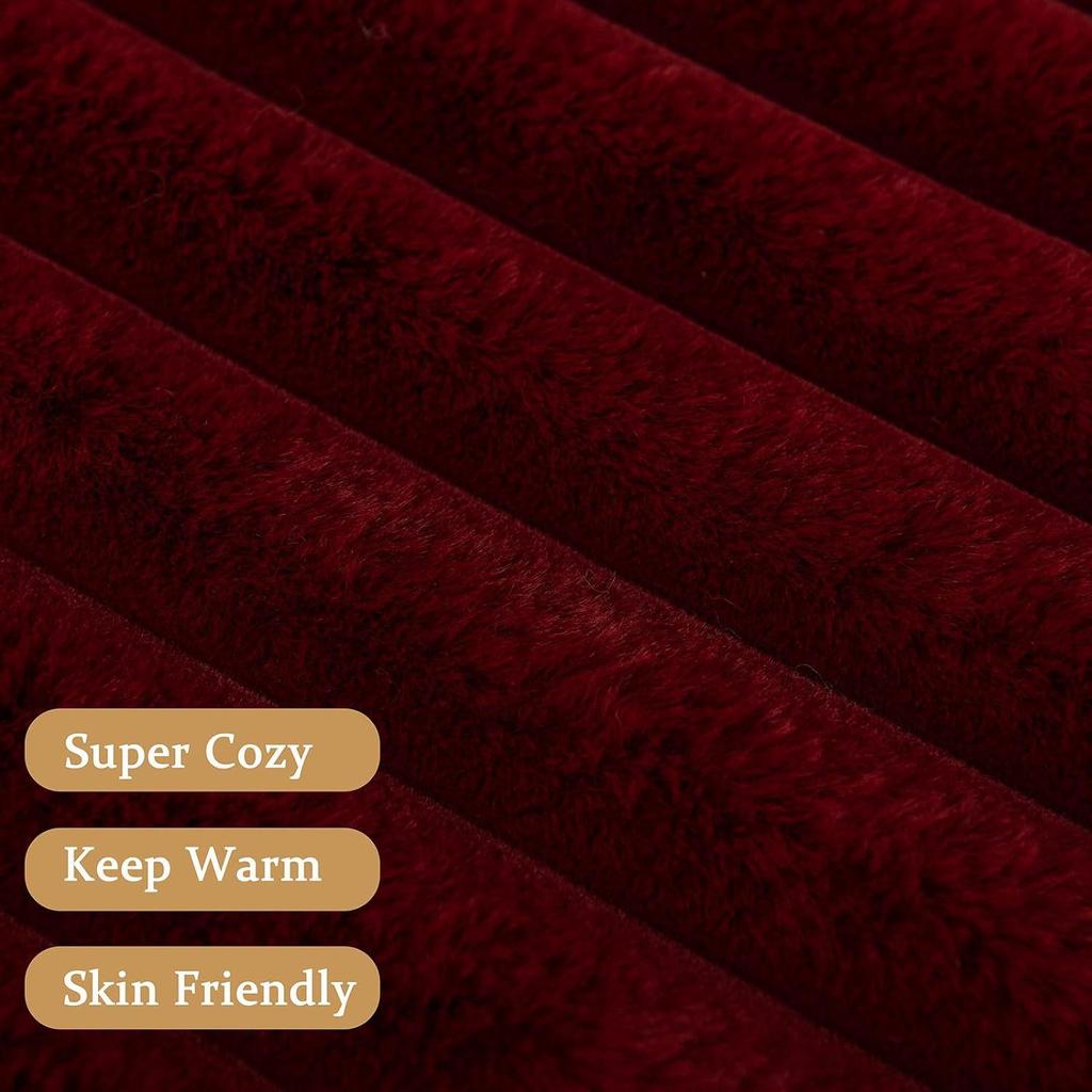 Ultra-Soft Faux Rabbit Fur Striped Throw Blanket - Double-Layered for Warmth, Ideal for Sofa or Bedroom.