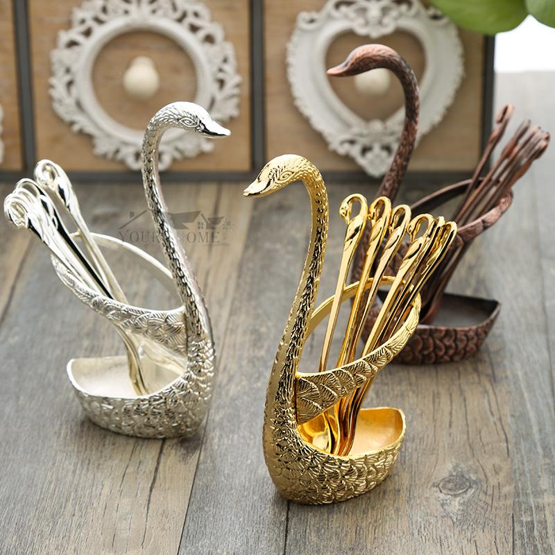 Swan Spoon Base Holder Fruit Forks Set Stainless Steel Salad Dessert Forks Spoon Coffee Cake Tools Tableware Barware