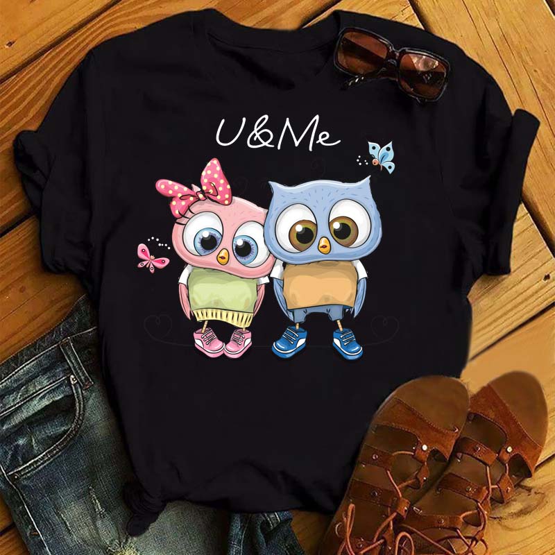 Maycaur Cartoon Owl Print Tričko Dámské Kawaii Grafické Košile Neformální Krátký rukáv Černé Dámské Tričko Harajuku s výstřihem