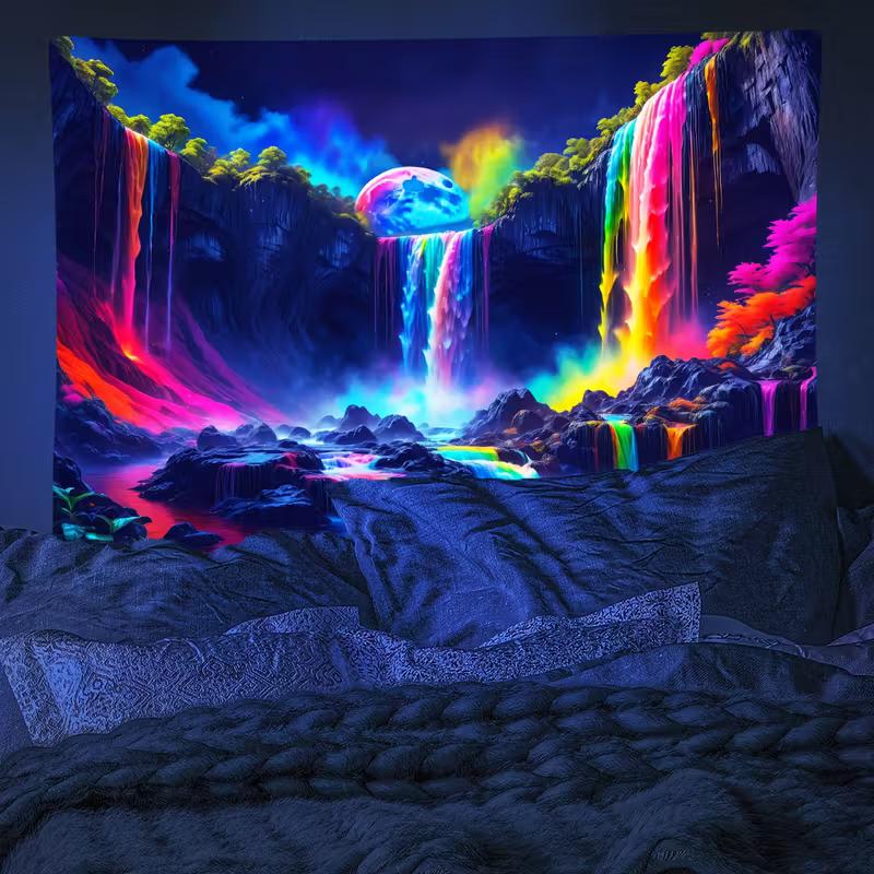 2D Trippy Rainbow Cascade Night Scenery Wall Tapestry, Aesthetic Dark Nature Art Home Background Cloth