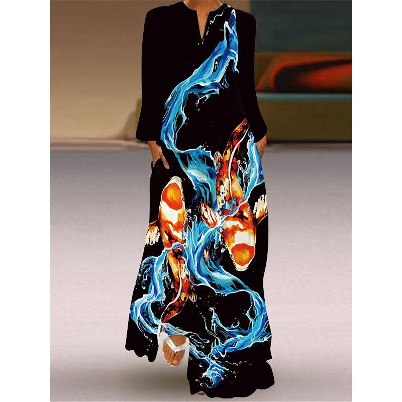 Chinese Style Dress Fancy Carp Pattern Print Long Sleeve Dress Travel Photography Stage Show Performance Costume