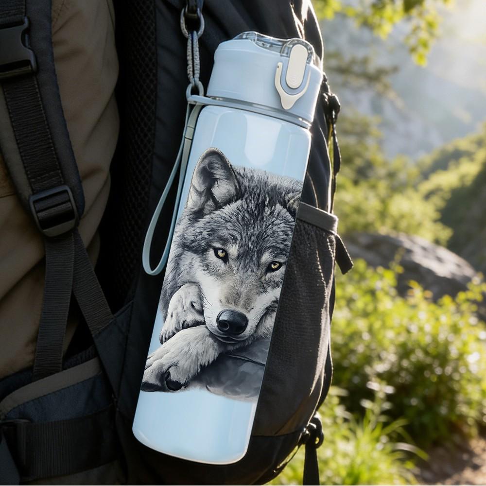 1PC Grey Wolf Wild Animal Portrait Print 750ml Color Plastic Sports Water Bottle Leakproof Flip Straw Lid Suitable for Sports Office Home Use