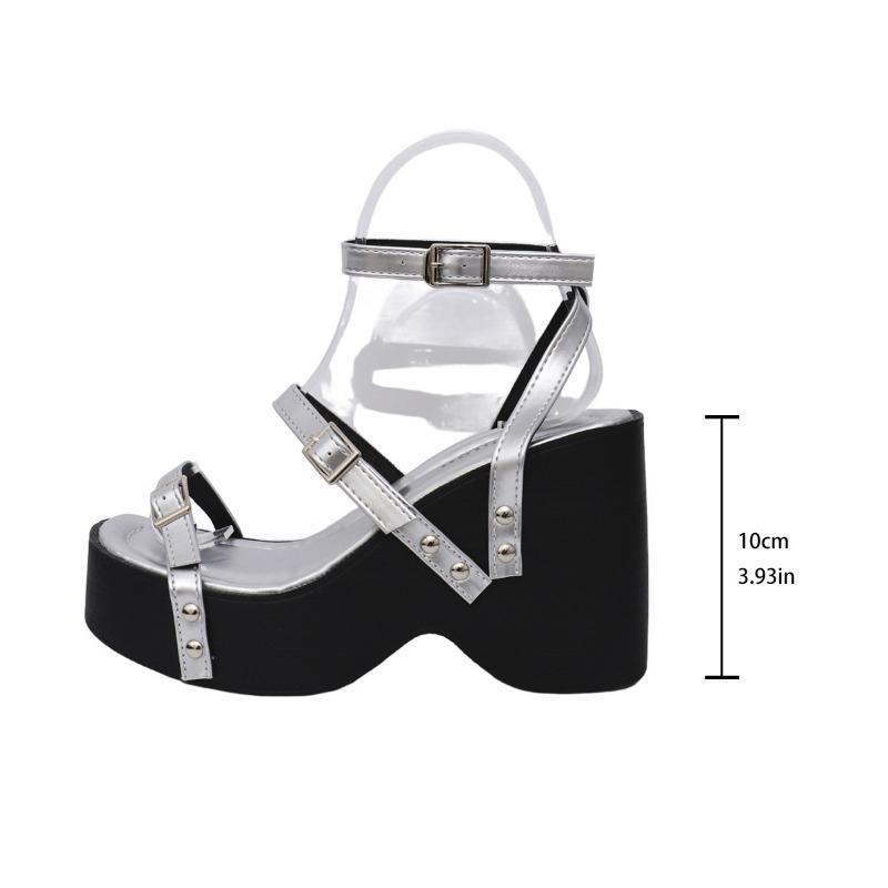 Fashion Women's Sandals Platform Wedges 10cm Super-high Heels Summer Footwear Round Toe Black Silver Gladiator Goth Ladies Sandales