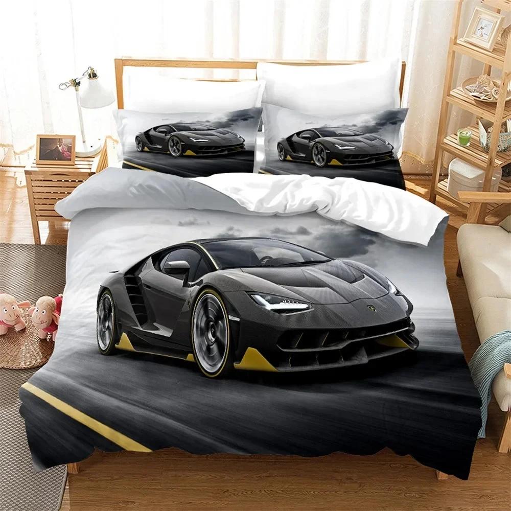 Cars Vehicles Bedding 3 Piece Boys Bedroom Decor Quilt Cover Pillowcase Cars Racing Print Bed Linen Set King Queen for Adults