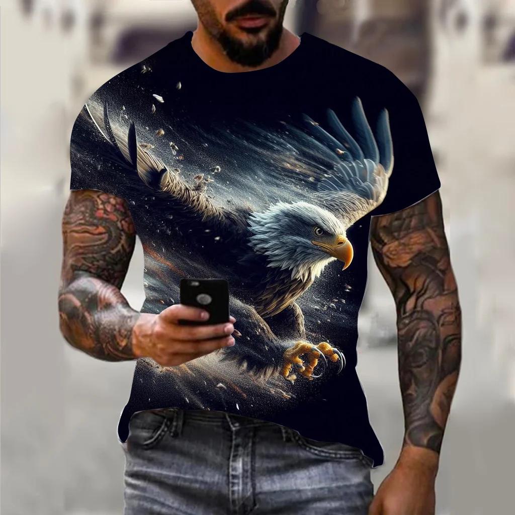 2025 Harajuku Men's T-shirt Hip Hop Trend Street Round Neck Short Sleeve Loose Top Fun 3D Animal Eagle Print T-shirt