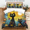 Whimsical Black Cat Art Duvet Cover Set, Colorful Floral & Sun Print Bedding, 2D Flat Printed